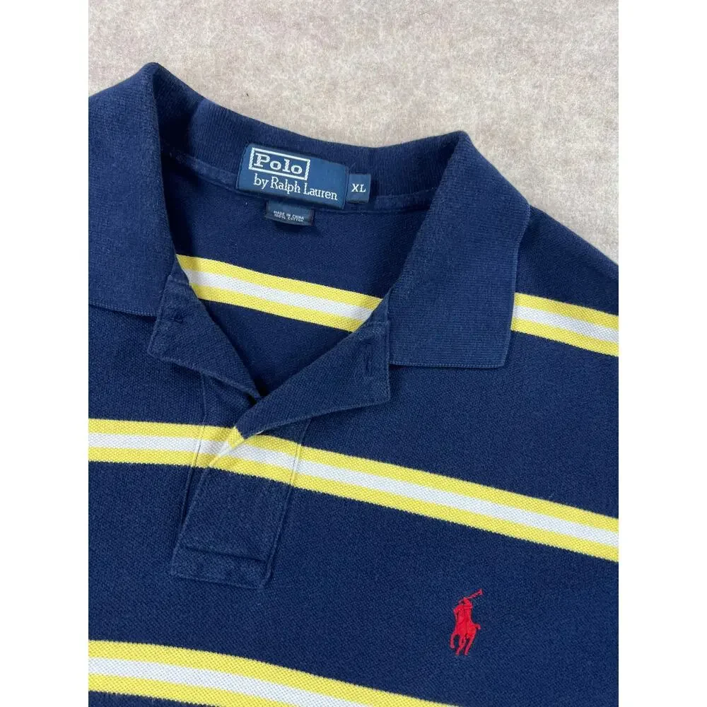 Polo Ralph Lauren Men's Navy Blue Yellow Stripe Polo Shirt Size XL